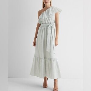 Express One Shoulder Striped Ruffle Poplin Maxi Dress - S